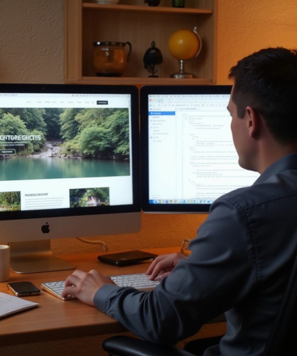 a man sitting at a desk with two computers